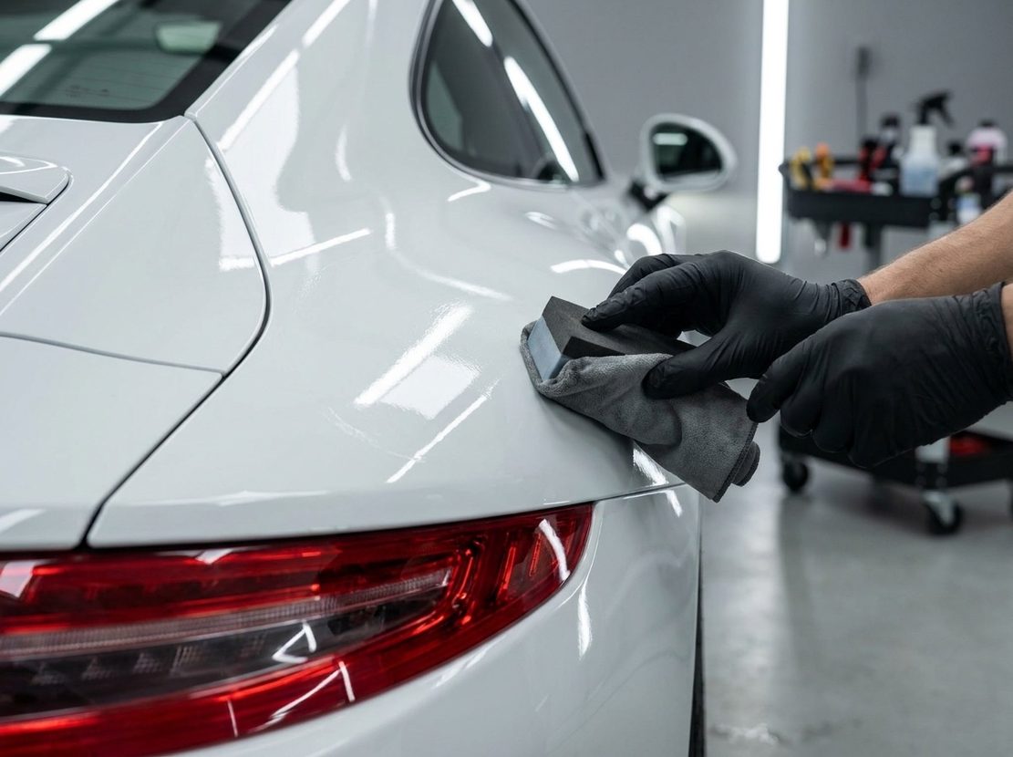 Ceramic coating being applied to the rear panel of a white Porsche 911 with black gloves