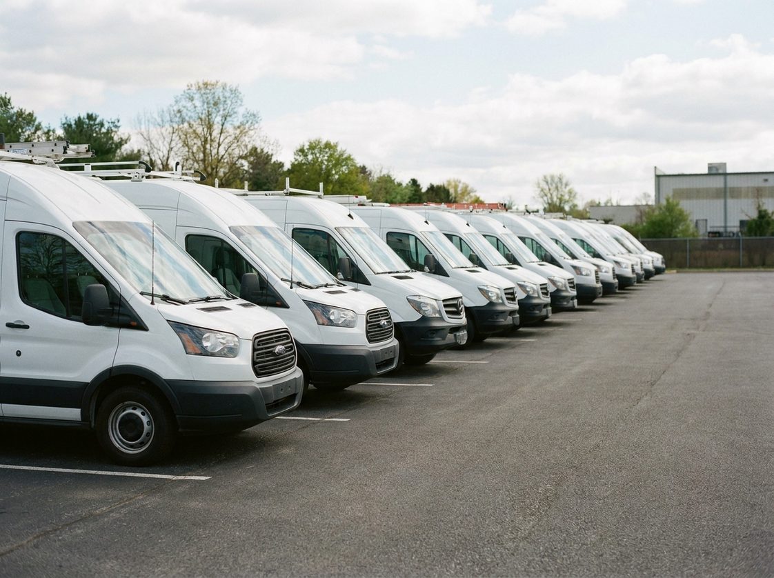 A fleet of white work vans parked in a row in a lot