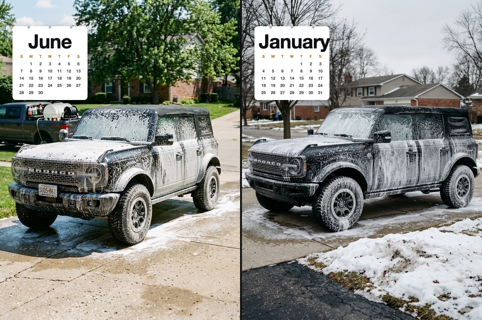The same Ford Bronco being foamed down on a driveway in June and again in January, showing year round service
