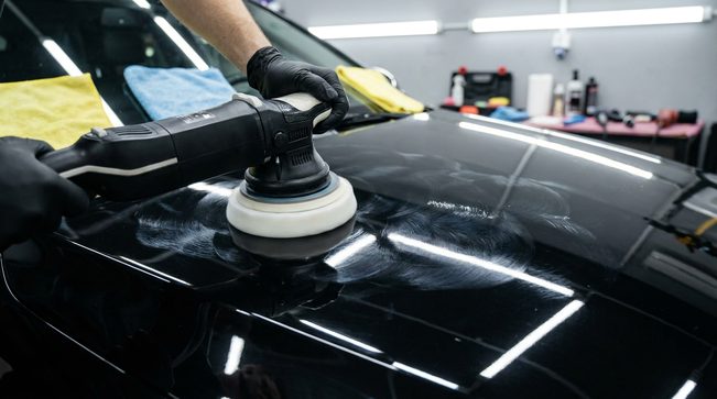 Machine polishing a glossy black car panel