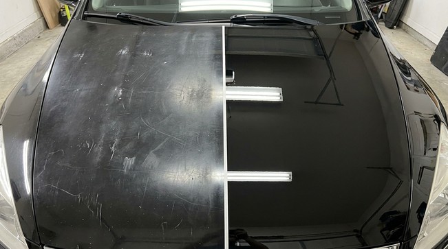 Before and after split of a car hood: heavy scratches on one side, flawless gloss on the other