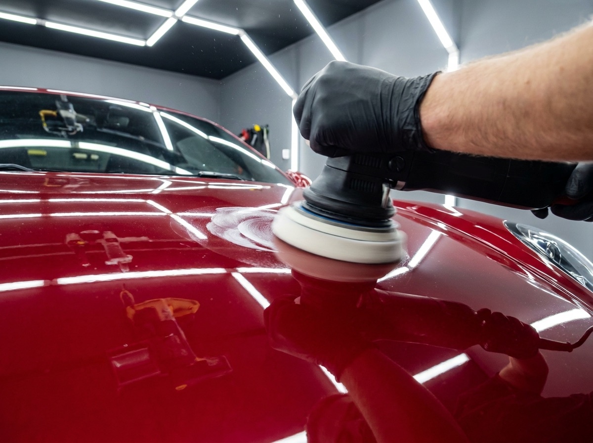 Polishing a red sports car
