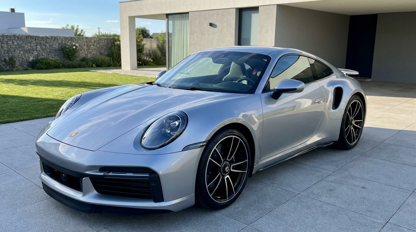 A freshly detailed car in a bright driveway