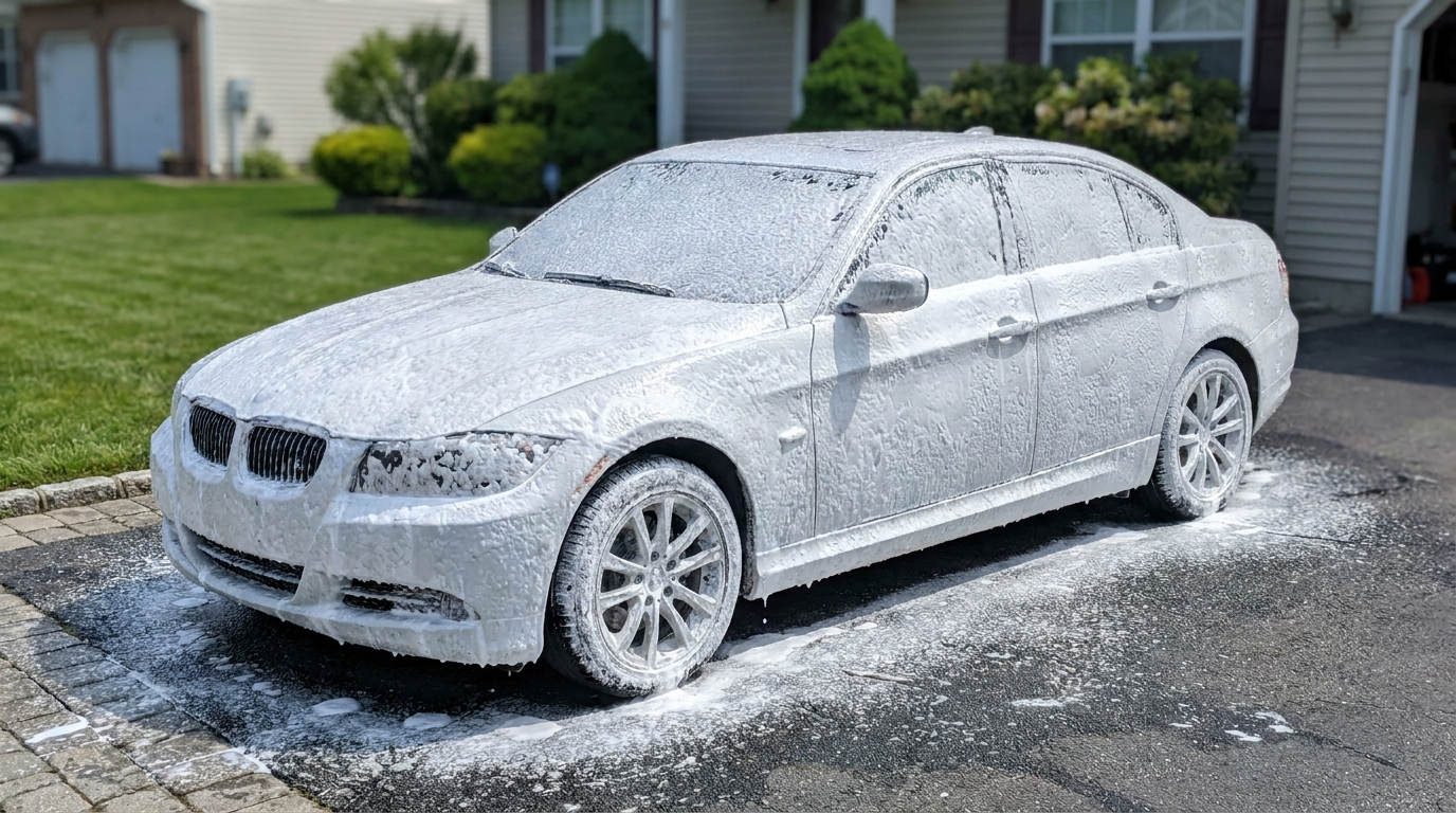 Car covered in wash foam in a driveway